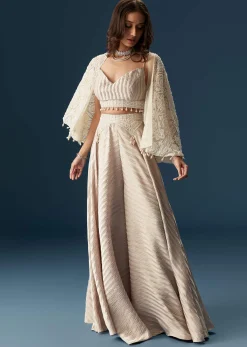 Pastel Palazzo Set With Full Sleeved Jacket And Intricately Embellished Bustier