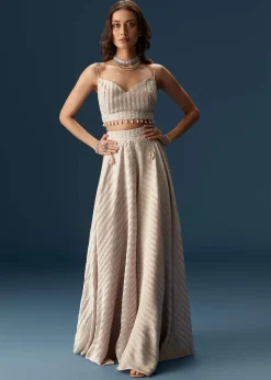 Pastel Palazzo Set With Full Sleeved Jacket And Intricately Embellished Bustier