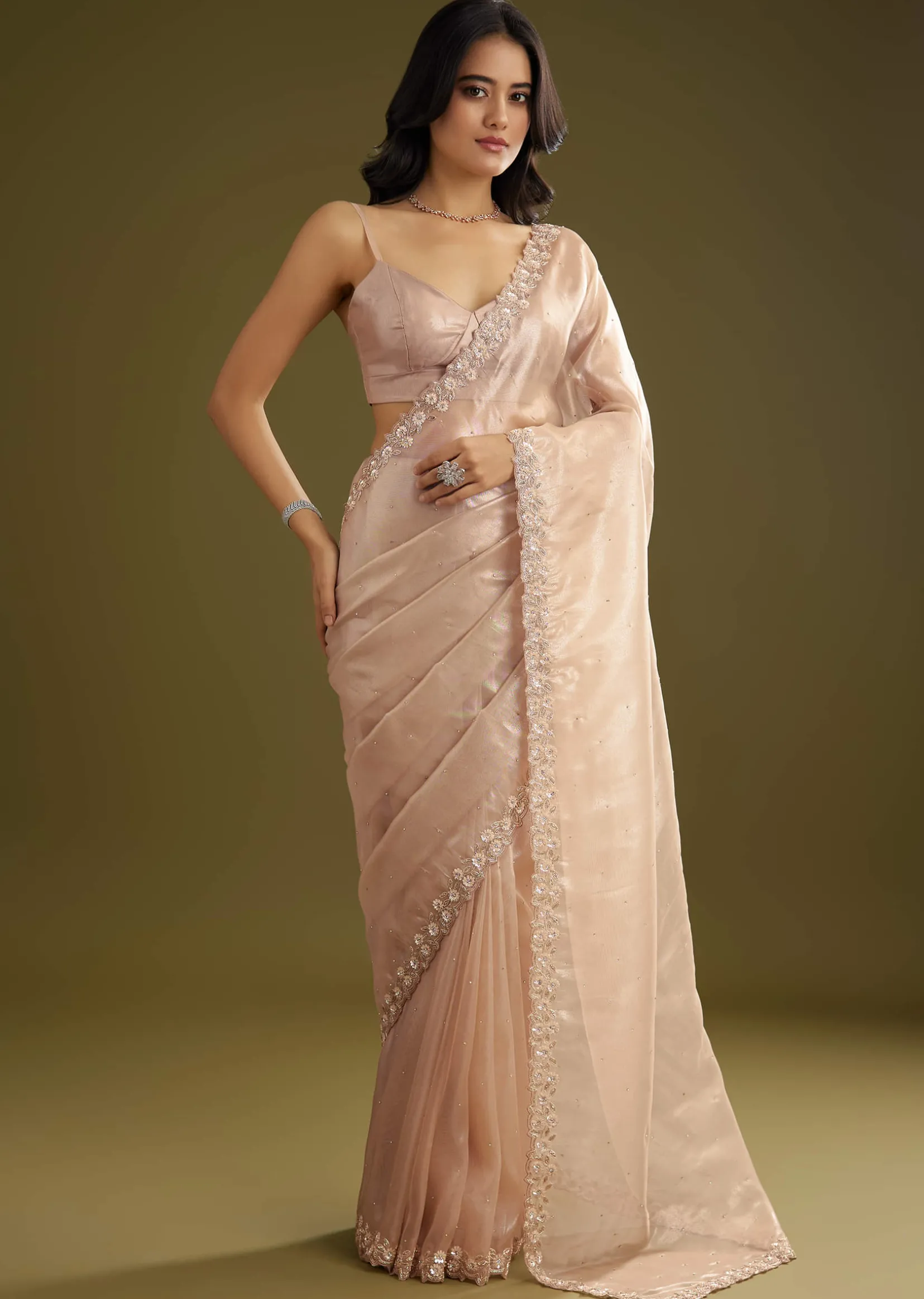 Pastel Peach Glass Tissue Stone Embellished Saree With Cutwork Border