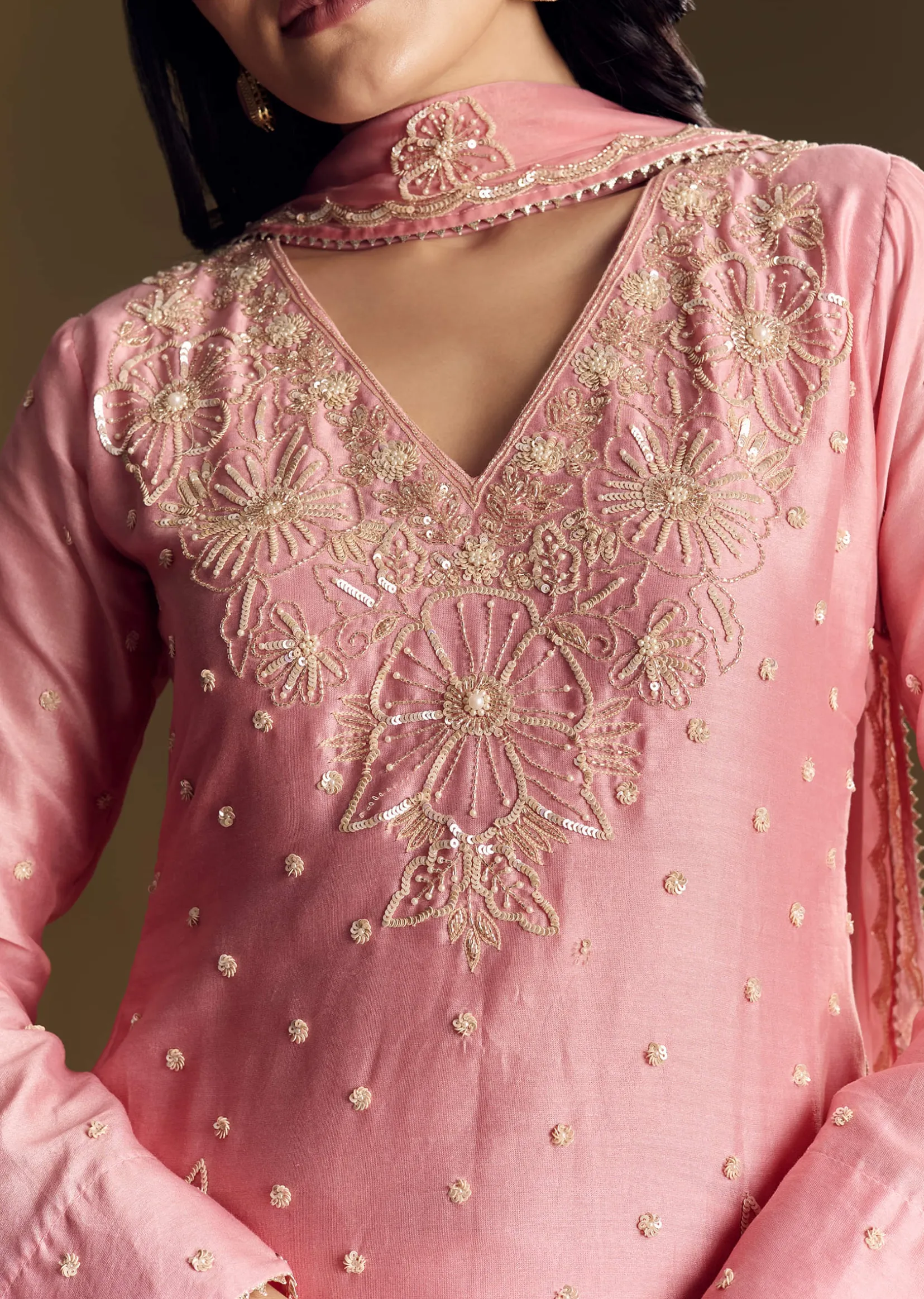 Pastel Pink Chanderi Sharara Suit With Cut Dana Sequins