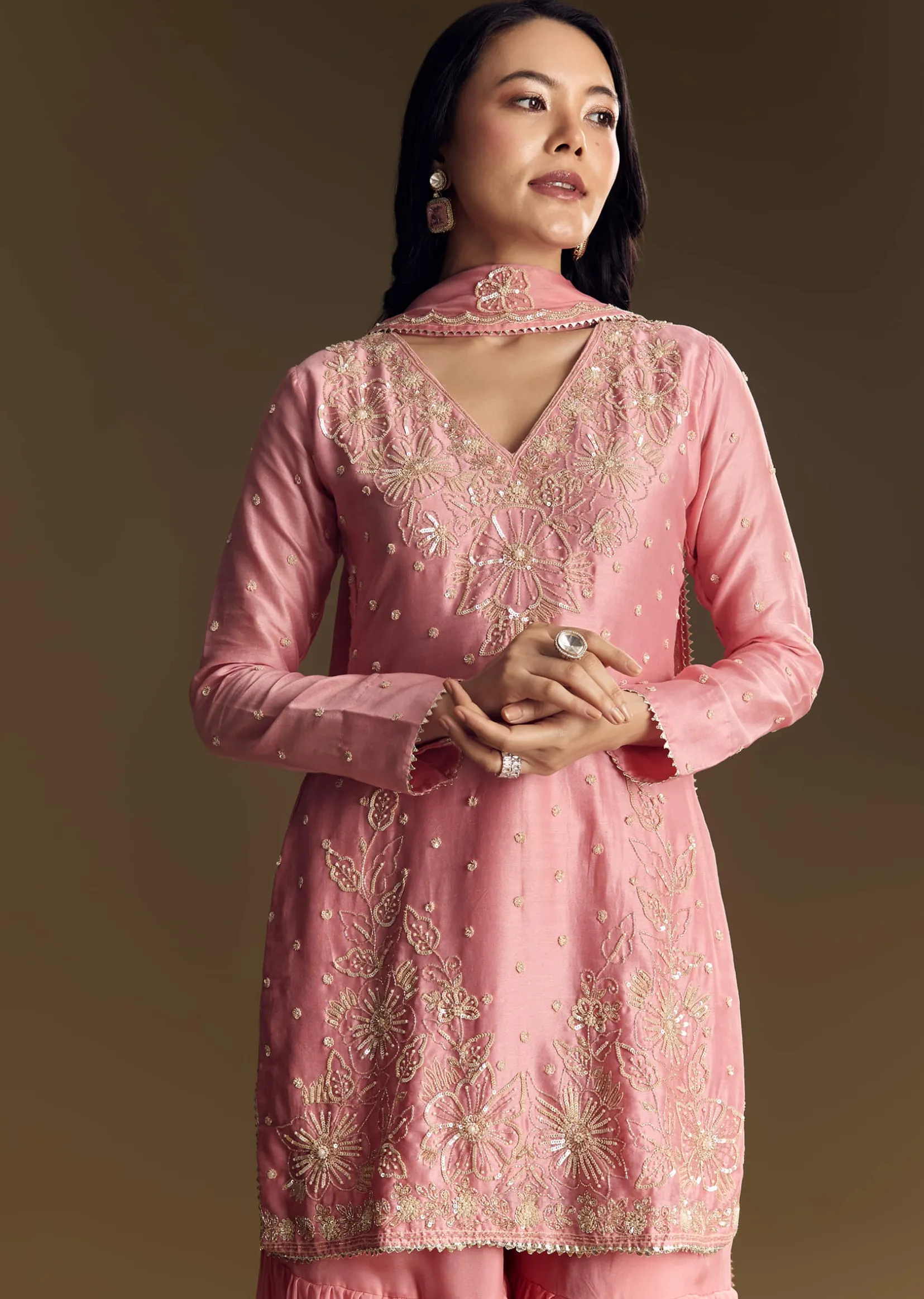 Pastel Pink Chanderi Sharara Suit With Cut Dana Sequins