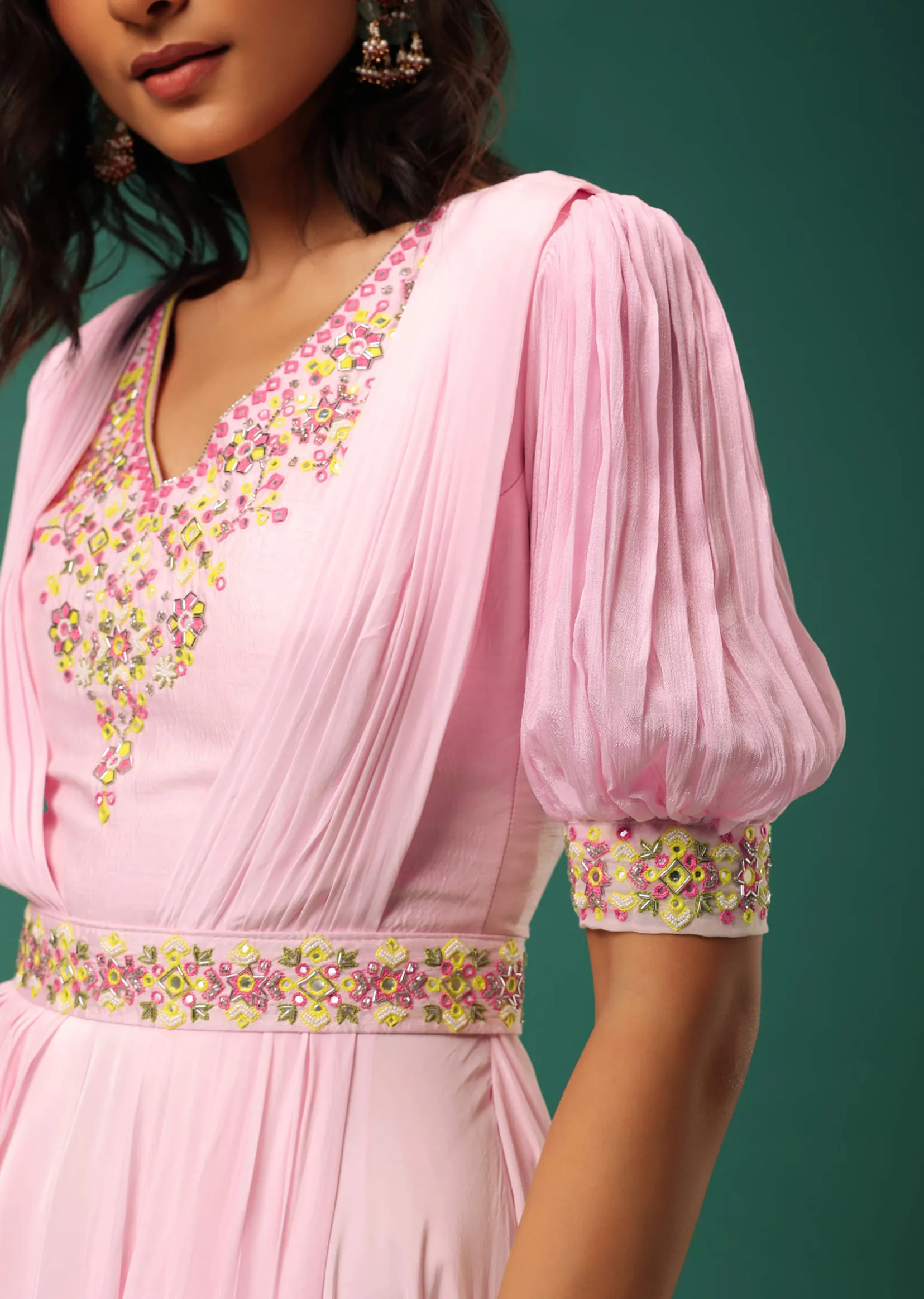 Pastel Pink Embroidered Jumpsuit in Crepe With Mirror Work