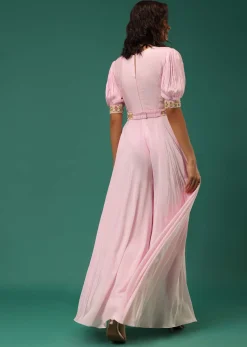 Pastel Pink Embroidered Jumpsuit in Crepe With Mirror Work