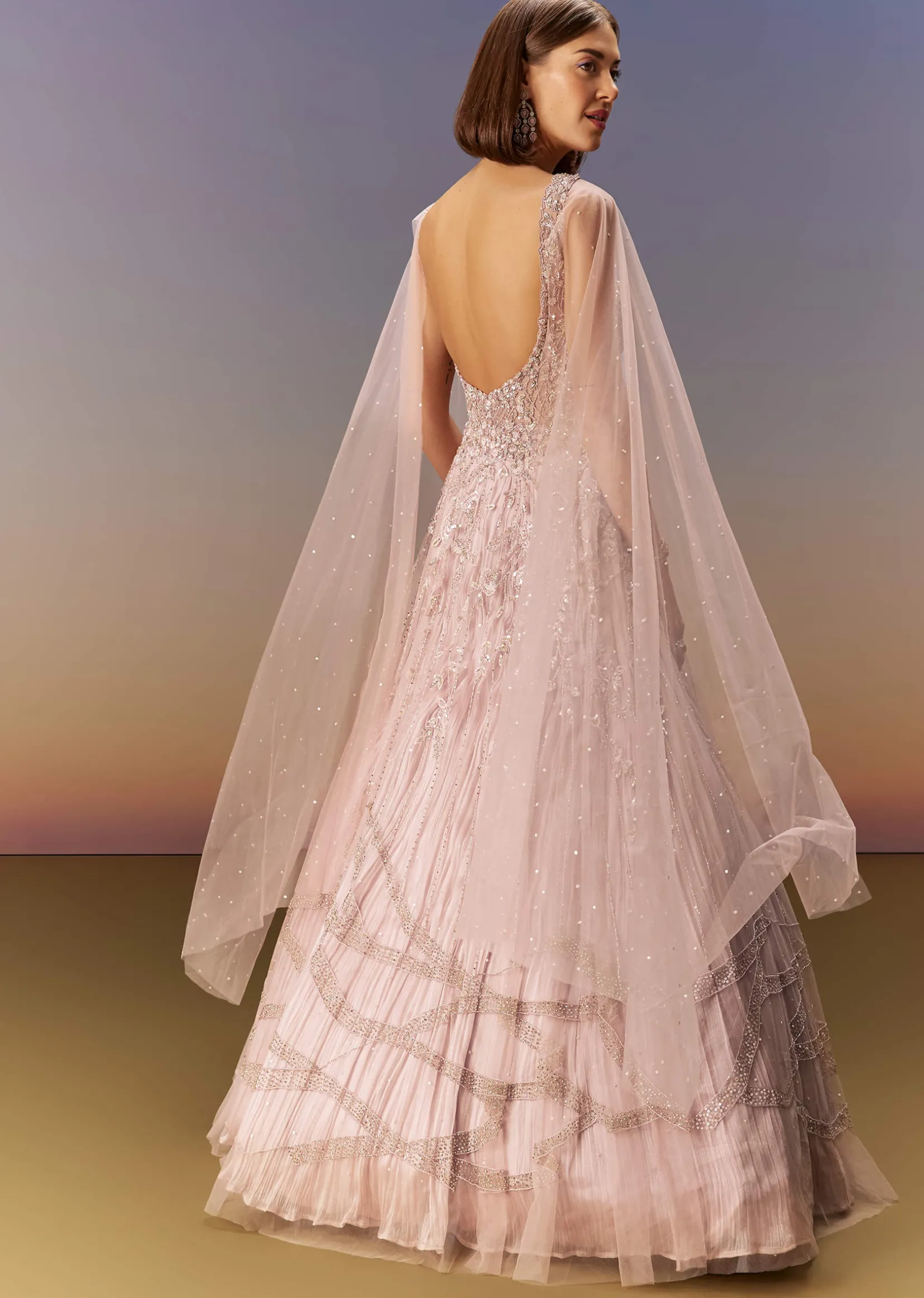 Pastel Pink Gown With Embellished Shoulder Cape Trails