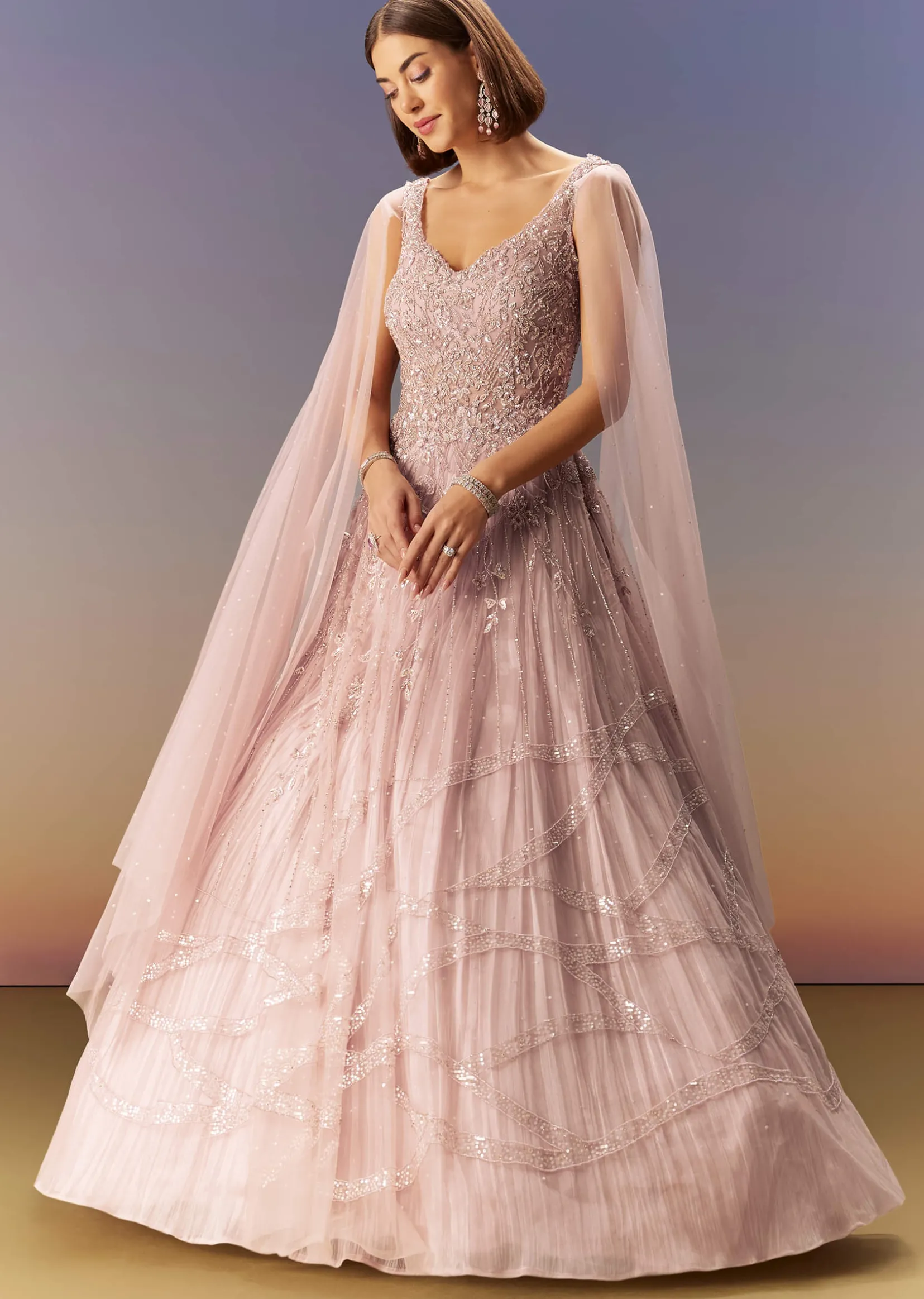 Pastel Pink Gown With Embellished Shoulder Cape Trails