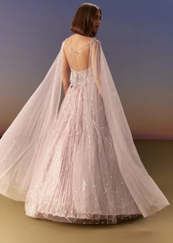 Pastel Pink Gown With Sheer Cape Drape And Heavy Embroidery