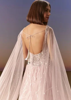 Pastel Pink Gown With Sheer Cape Drape And Heavy Embroidery