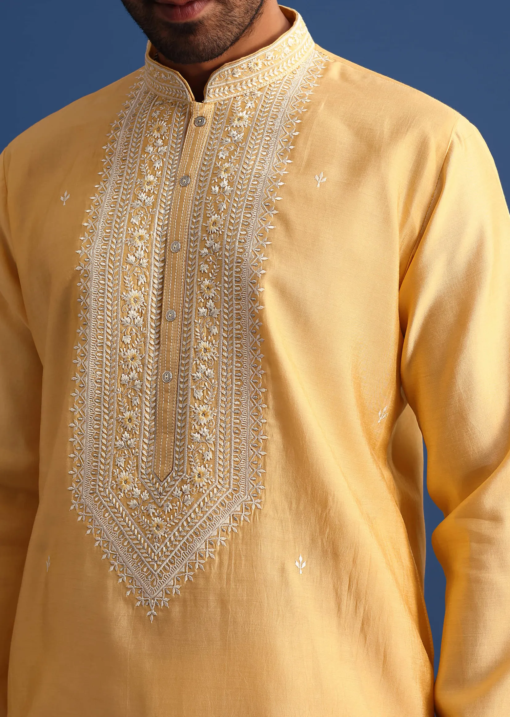 Pastel Yellow Hand Embroidered Kurta Set In Silk