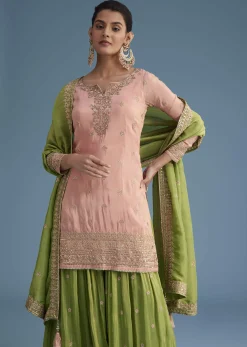Peach And Green Tissue Palazzo Set With Zardosi And Sequins Work