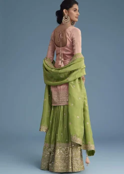 Peach And Green Tissue Palazzo Set With Zardosi And Sequins Work