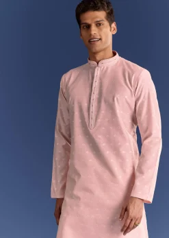 Peach Banaras Jacquard Kurta Set With Butti Print