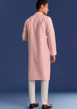 Peach Banaras Jacquard Kurta Set With Butti Print