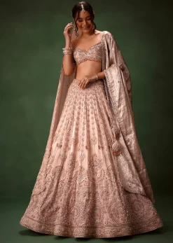 Peach Banarasi Brocade Lehenga Set With Dual Dupattas