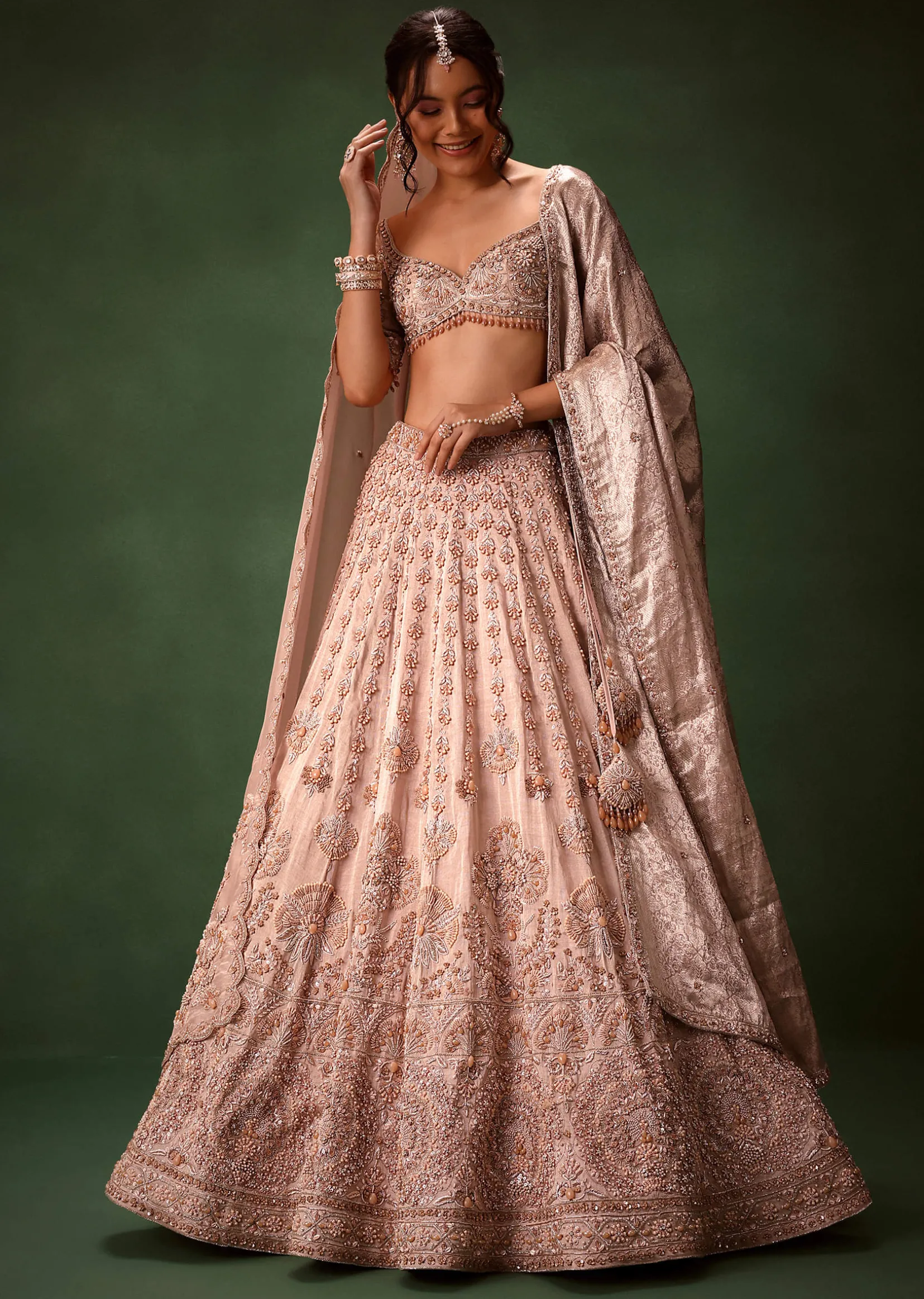 Peach Banarasi Brocade Lehenga Set With Dual Dupattas