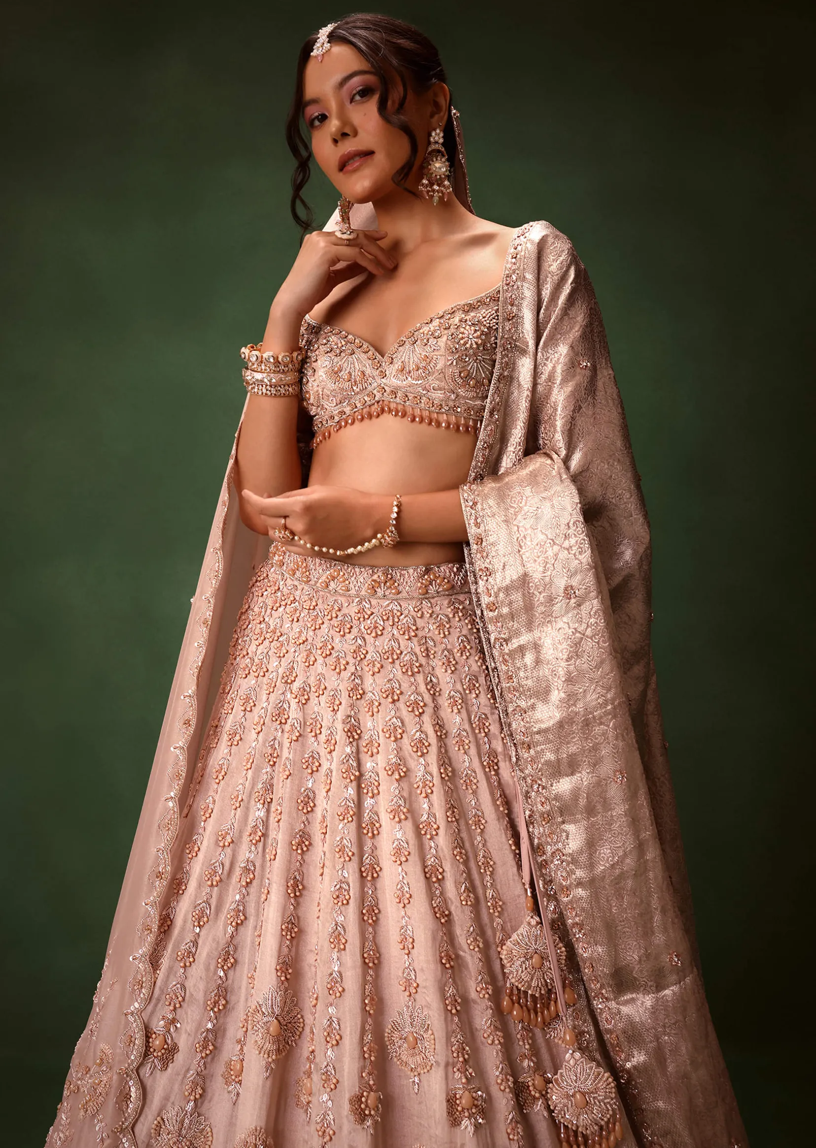 Peach Banarasi Brocade Lehenga Set With Dual Dupattas