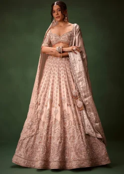 Peach Banarasi Brocade Lehenga Set With Dual Dupattas