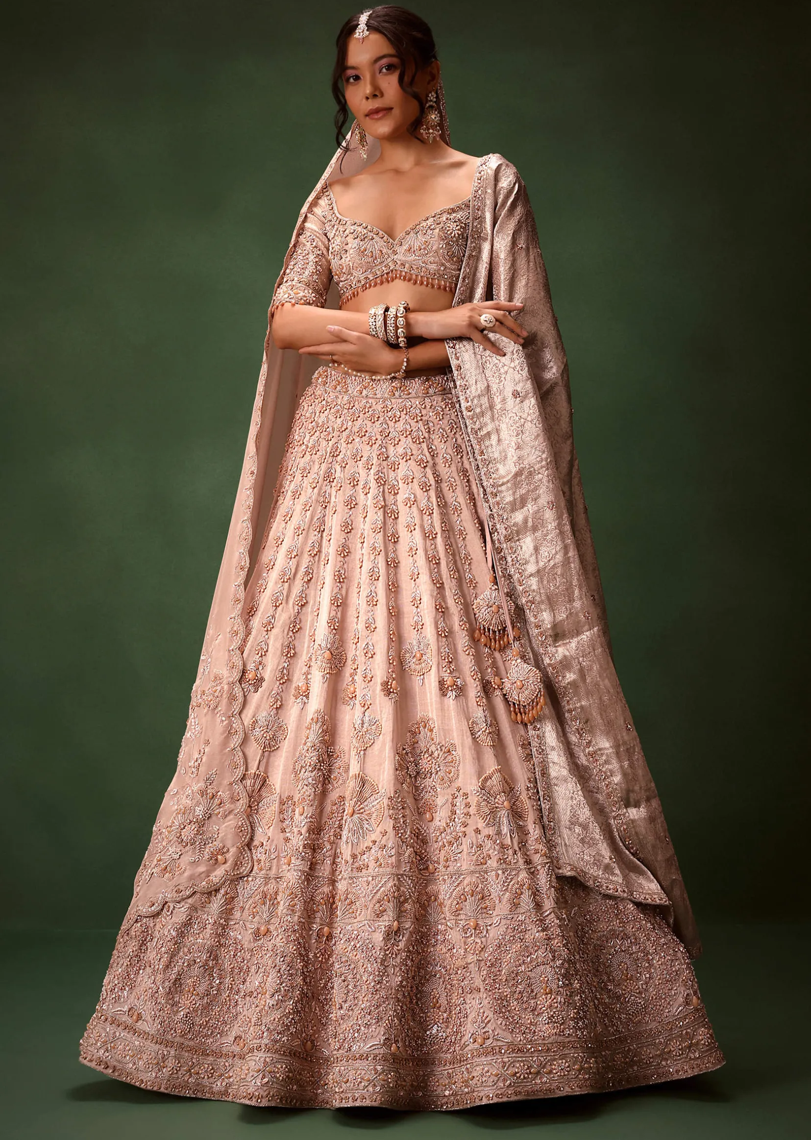 Peach Banarasi Brocade Lehenga Set With Dual Dupattas
