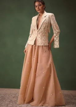 Peach Banarasi Embroidered Jacket With Palazzo And Suspender