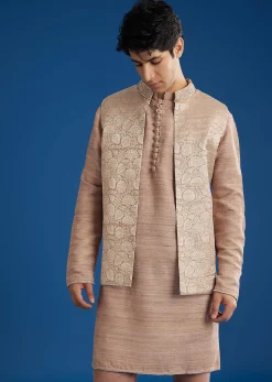 Peach Banarasi Kurta Set With Salli And Katsana Jacket