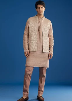 Peach Banarasi Kurta Set With Salli And Katsana Jacket