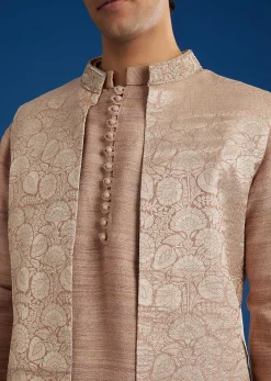 Peach Banarasi Kurta Set With Salli And Katsana Jacket