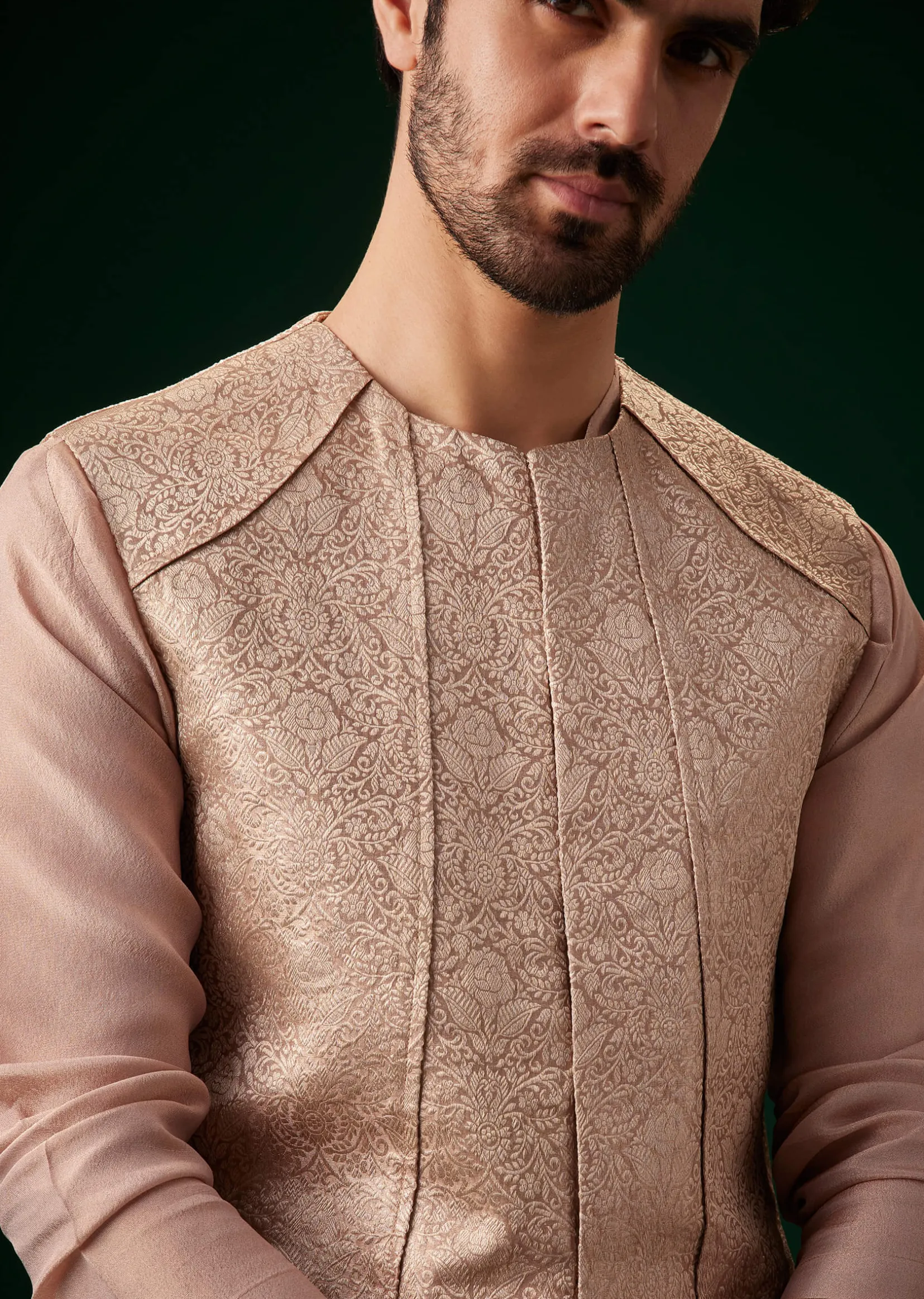 Peach Banarasi Silk Kurta Jacket Set