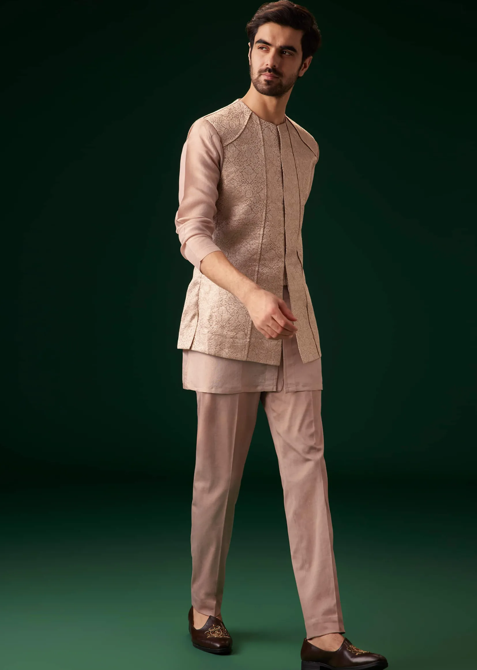 Peach Banarasi Silk Kurta Jacket Set