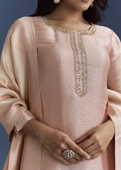 Peach Banarasi Tissue Kurta Set With Zardosi Neckline