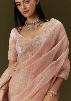Peach Banarasi Tissue Saree With Velvet Embroidered Blouse