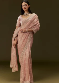 Peach Banarasi Tissue Saree With Velvet Embroidered Blouse