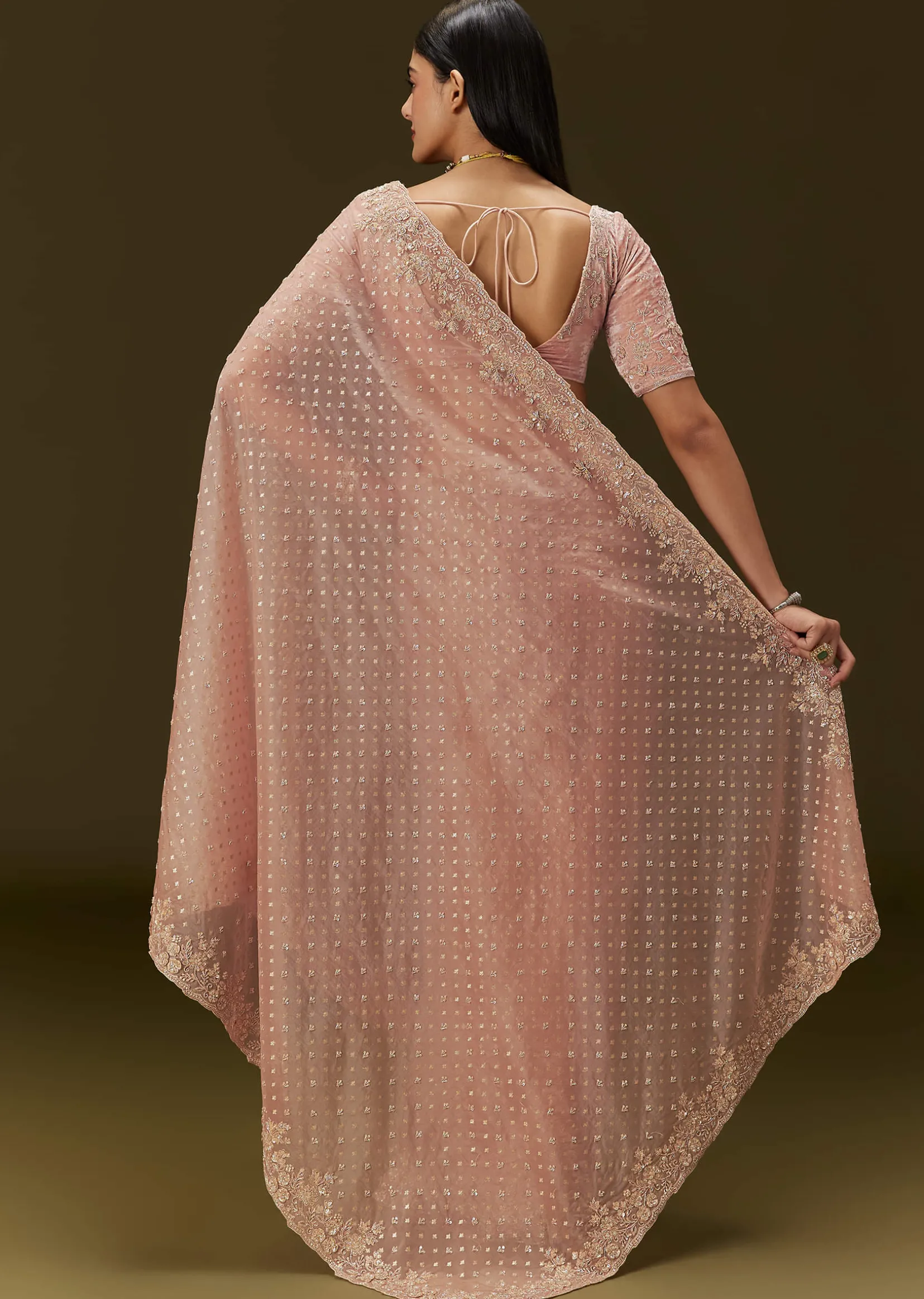 Peach Banarasi Tissue Saree With Velvet Embroidered Blouse