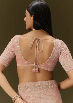 Peach Banarasi Tissue Saree With Velvet Embroidered Blouse