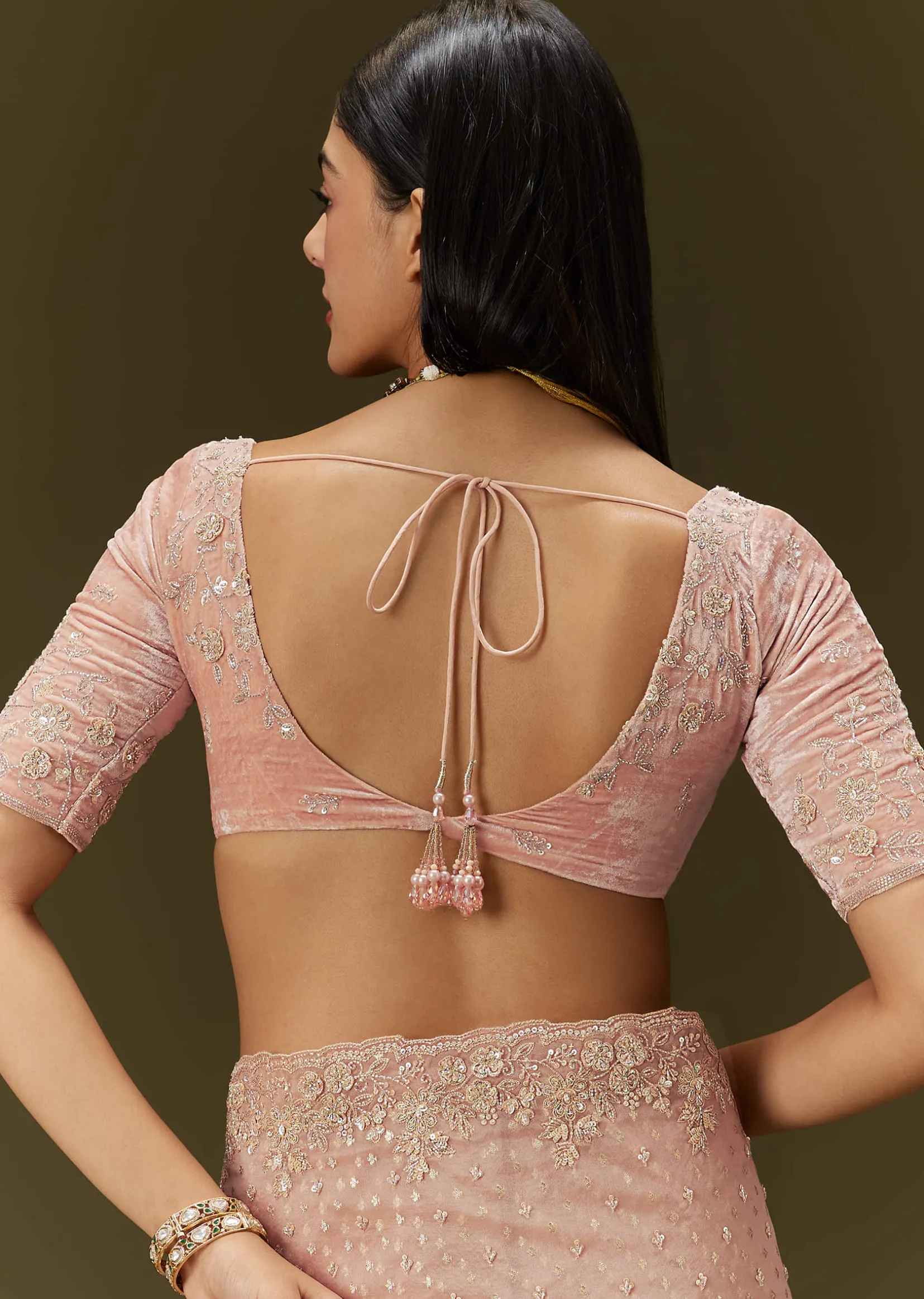 Peach Banarasi Tissue Saree With Velvet Embroidered Blouse
