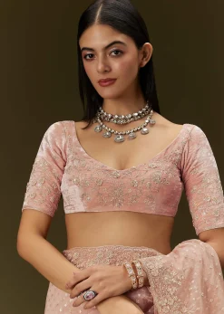 Peach Banarasi Tissue Saree With Velvet Embroidered Blouse