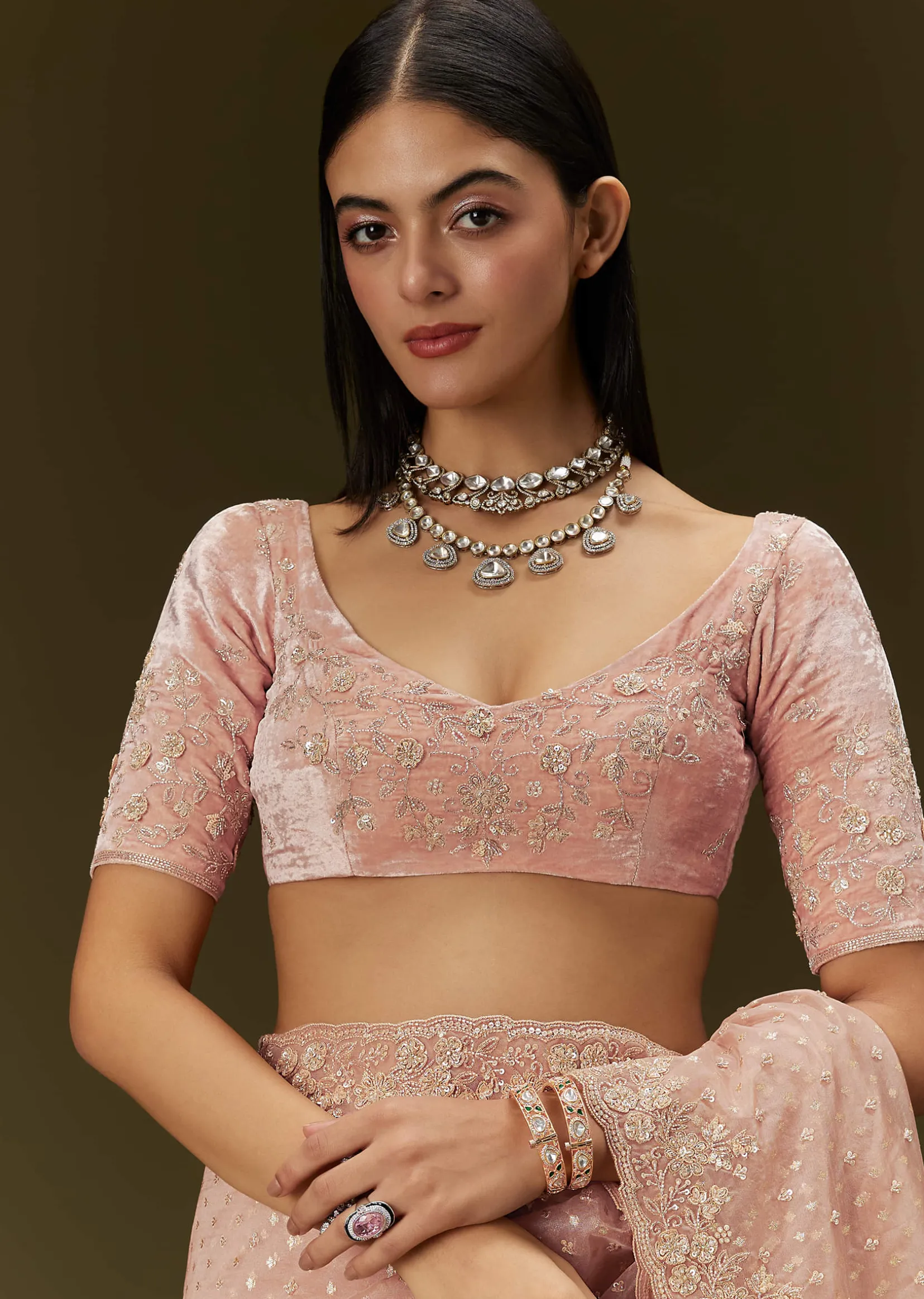 Peach Banarasi Tissue Saree With Velvet Embroidered Blouse