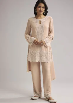 Peach Beaded Kurti Pant Set With Dupatta