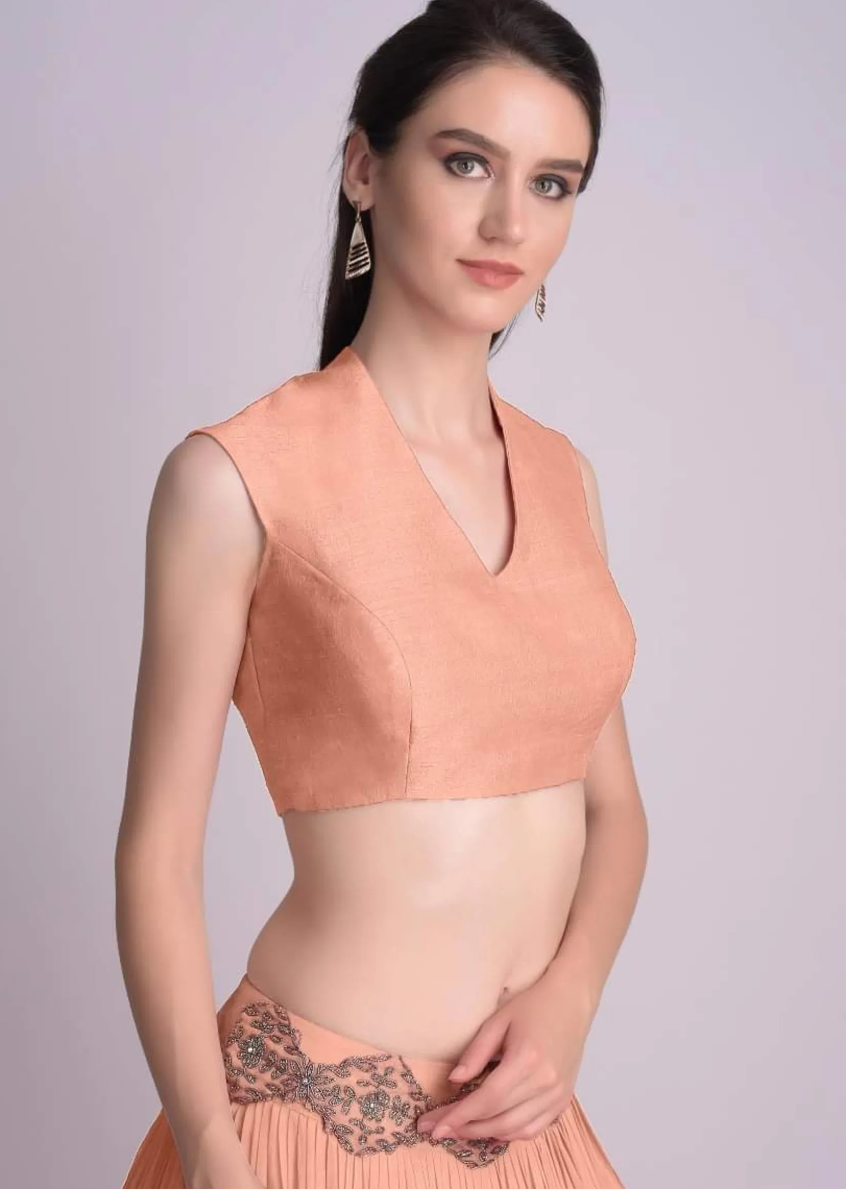 Peach Blouse In Raw Silk With V Neckline