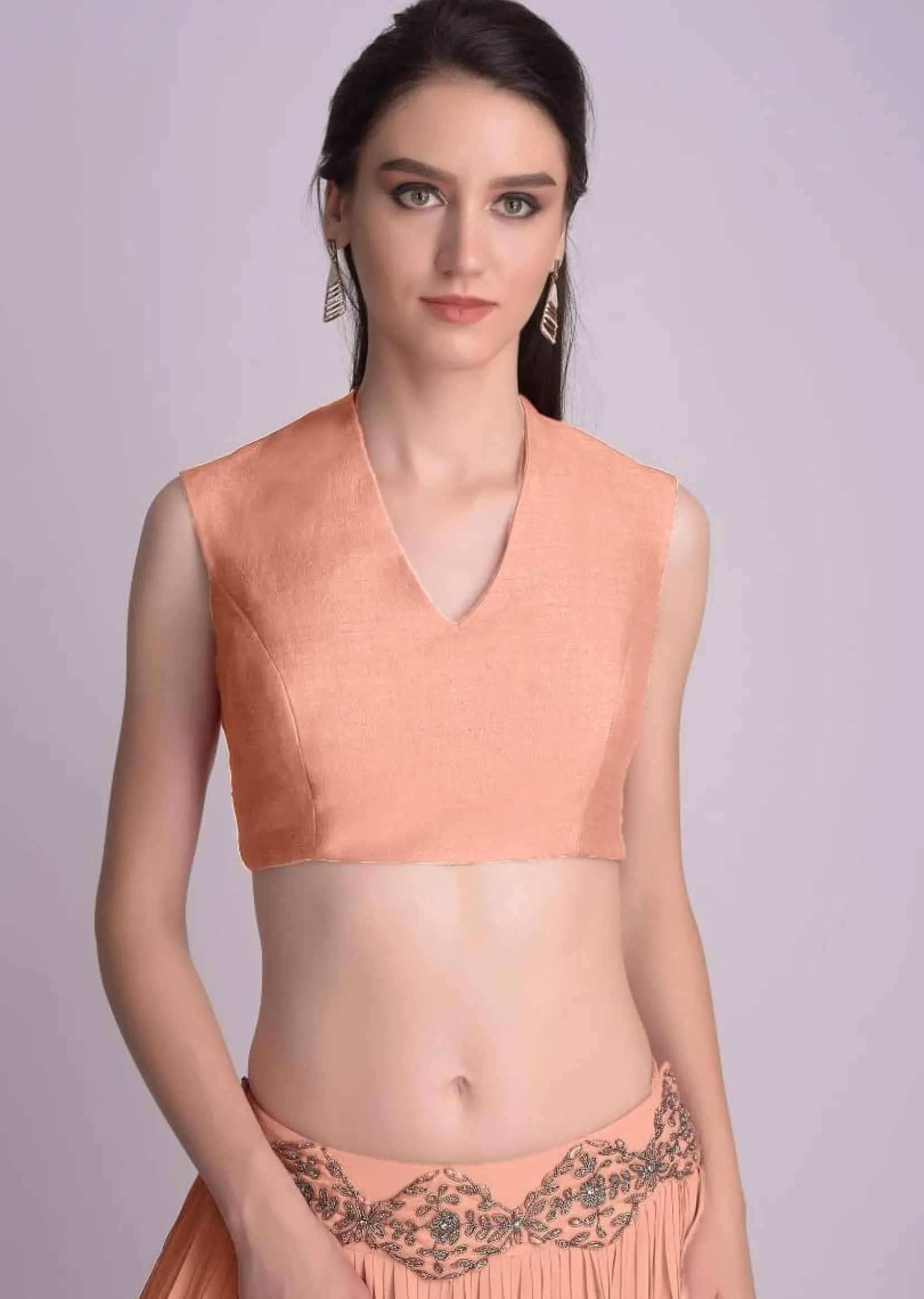 Peach Blouse In Raw Silk With V Neckline