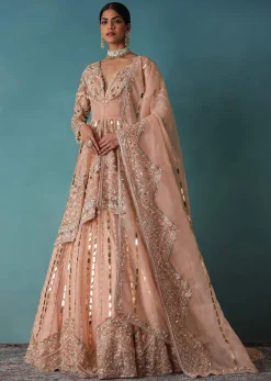 Peach Bridal Lehenga Set In Organza With Jacket