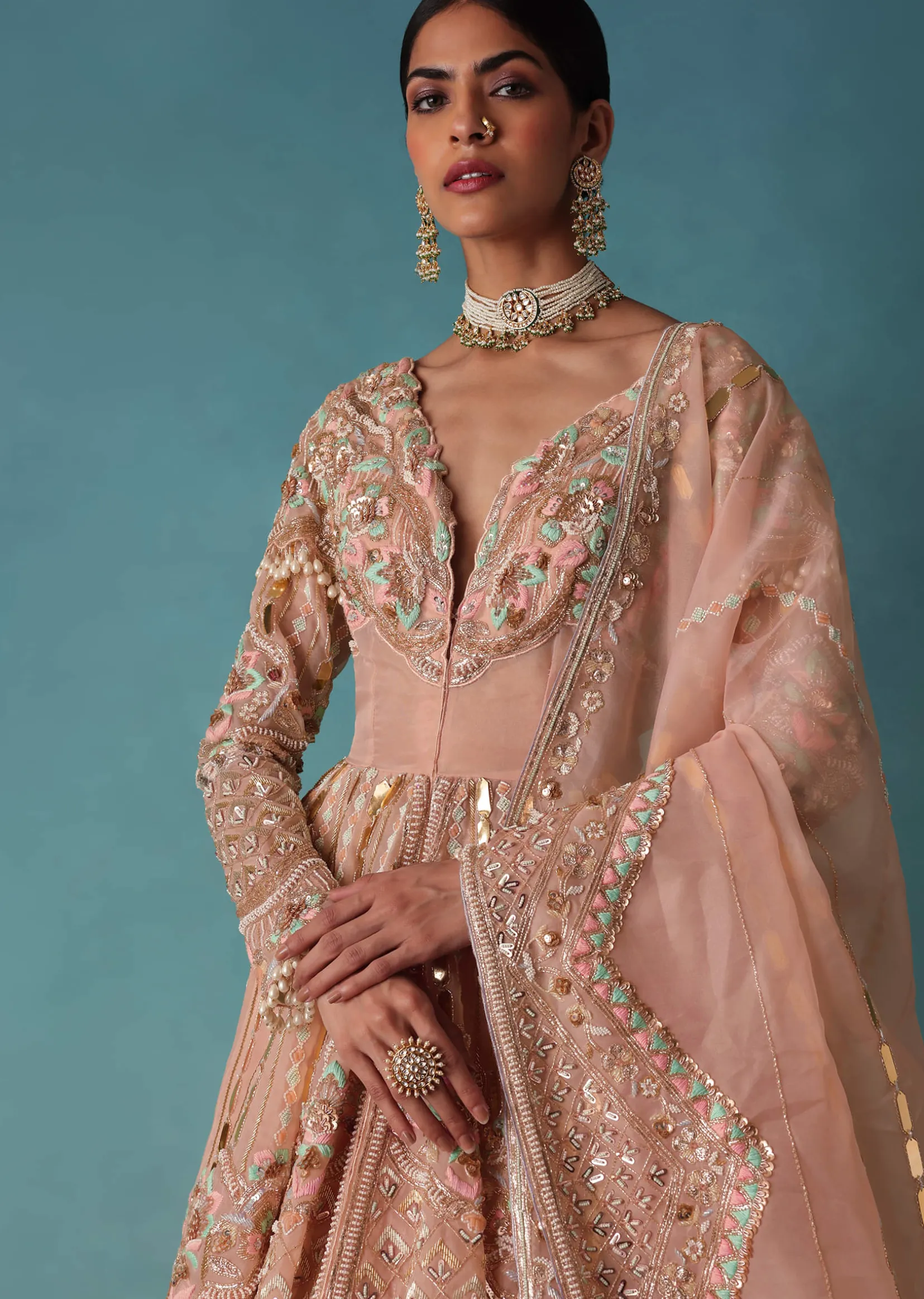 Peach Bridal Lehenga Set In Organza With Jacket