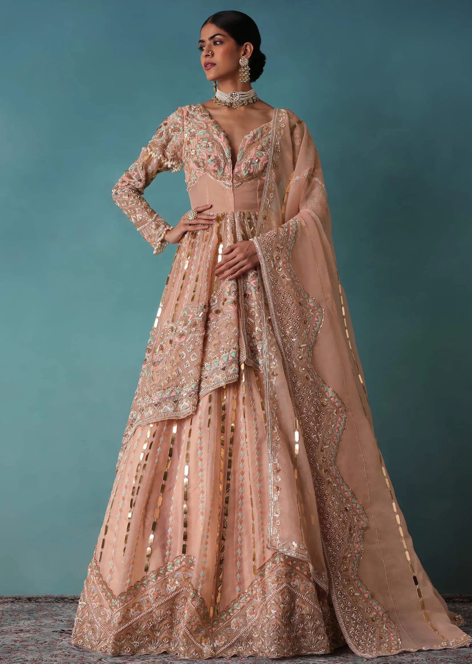 Peach Bridal Lehenga Set In Organza With Jacket