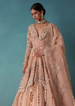 Peach Bridal Lehenga Set In Organza With Jacket