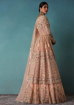 Peach Bridal Lehenga Set In Organza With Jacket