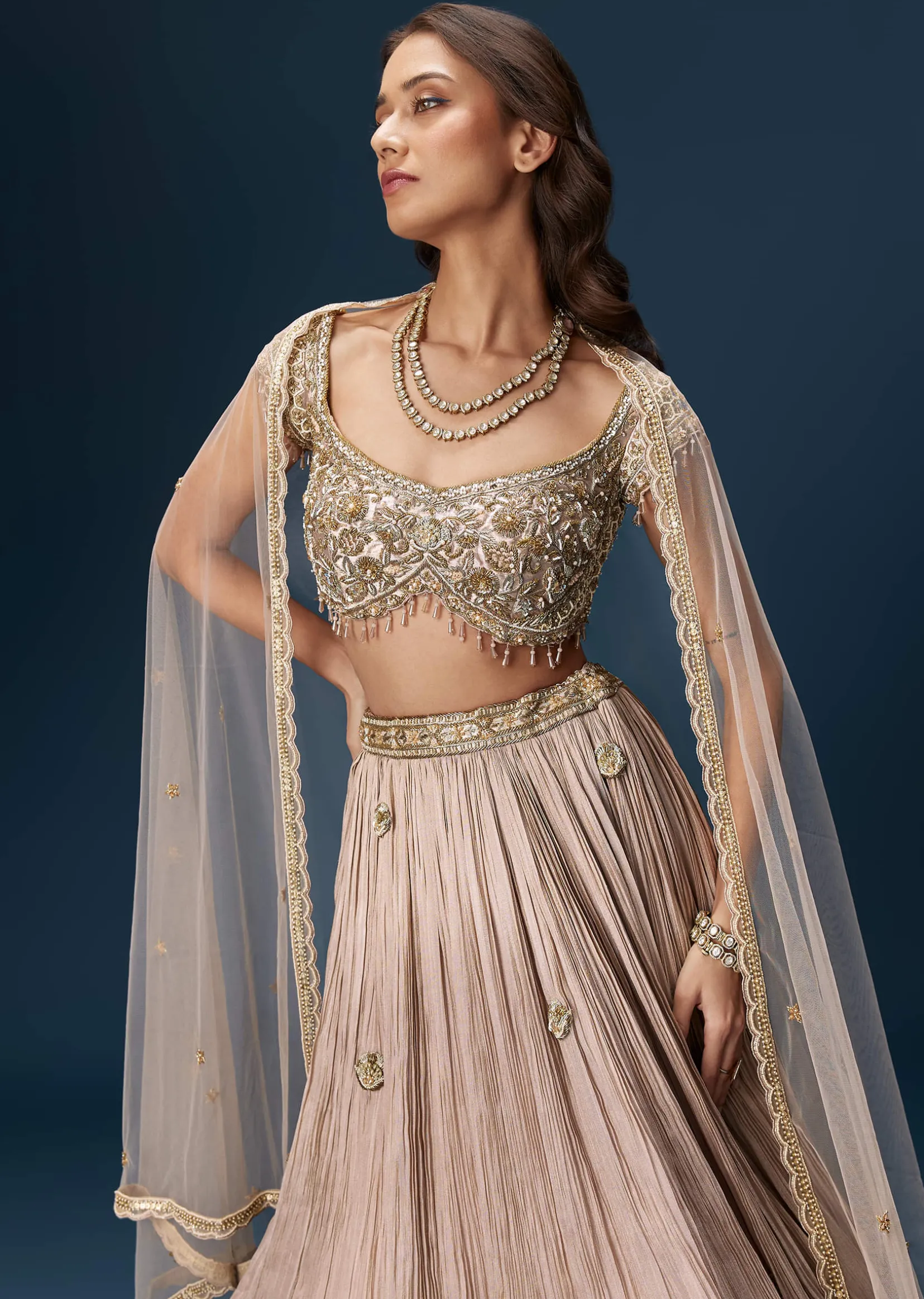 Peach Bridesmaid Lehenga With Embroidered Dupatta And Cap Sleeve Blouse