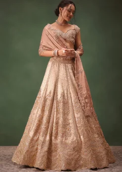 Peach Brocade Embroidered Bridal Lehenga With Two Dupattas