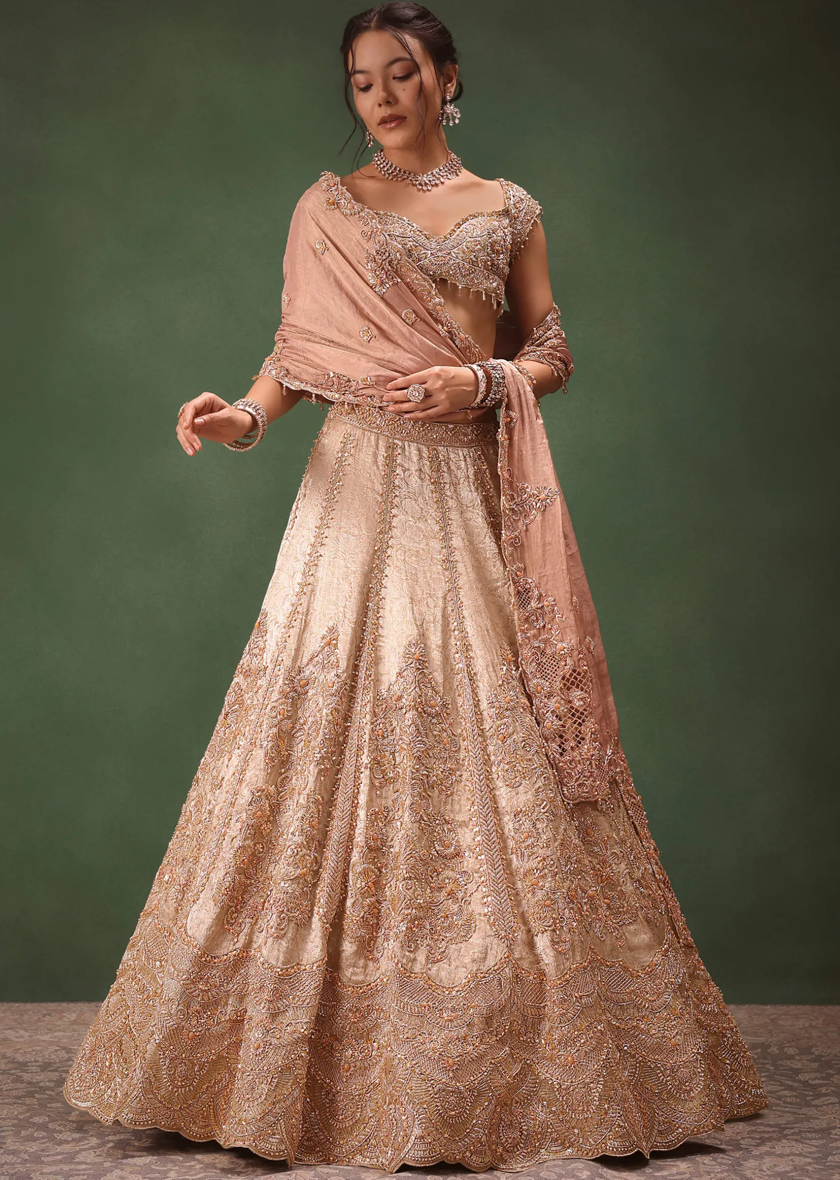 Peach Brocade Embroidered Bridal Lehenga With Two Dupattas