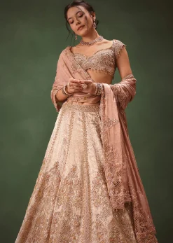 Peach Brocade Embroidered Bridal Lehenga With Two Dupattas