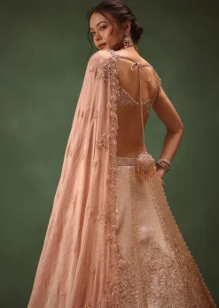 Peach Brocade Embroidered Bridal Lehenga With Two Dupattas