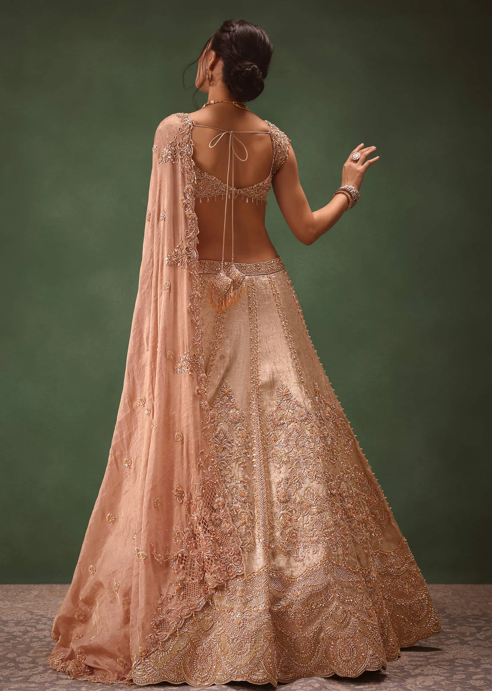 Peach Brocade Embroidered Bridal Lehenga With Two Dupattas