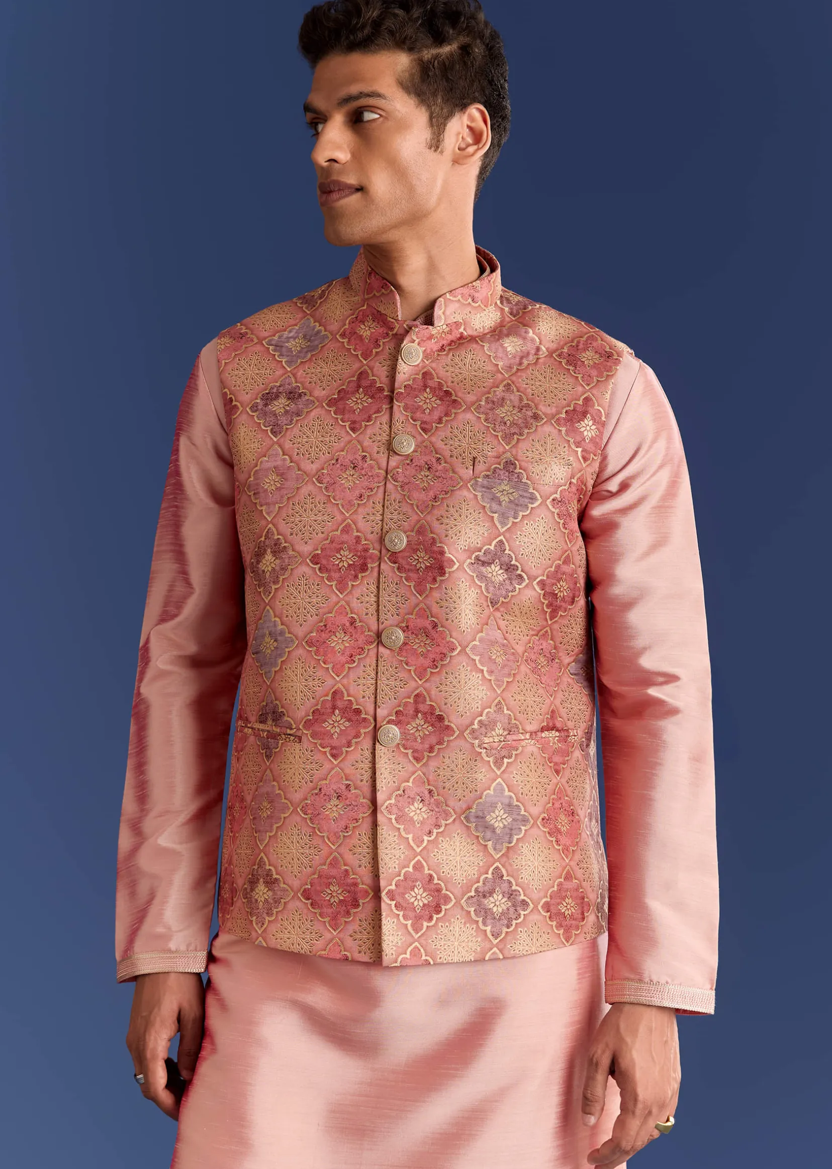 Peach Brocade Kurta Jacket Set With Geometric Print